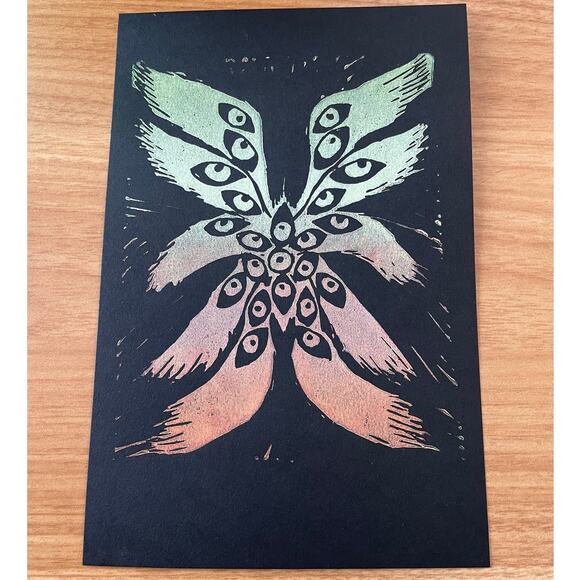 "Seraphim" - Hand-pressed angel Multicolor Linocut Print 6"x9" - One-of-a-kind - Picture 1 of 3